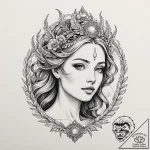 A phrase “goddess of her own world”, ink illu… – tattoo sketch (№1752111959_0, 10.07.2025 01:45) — tattoovalue.net