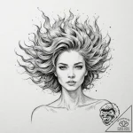A woman whose hair is a fiery explosion – tattoo sketch (№1752113045_0, 10.07.2025 02:04) — tattoovalue.net