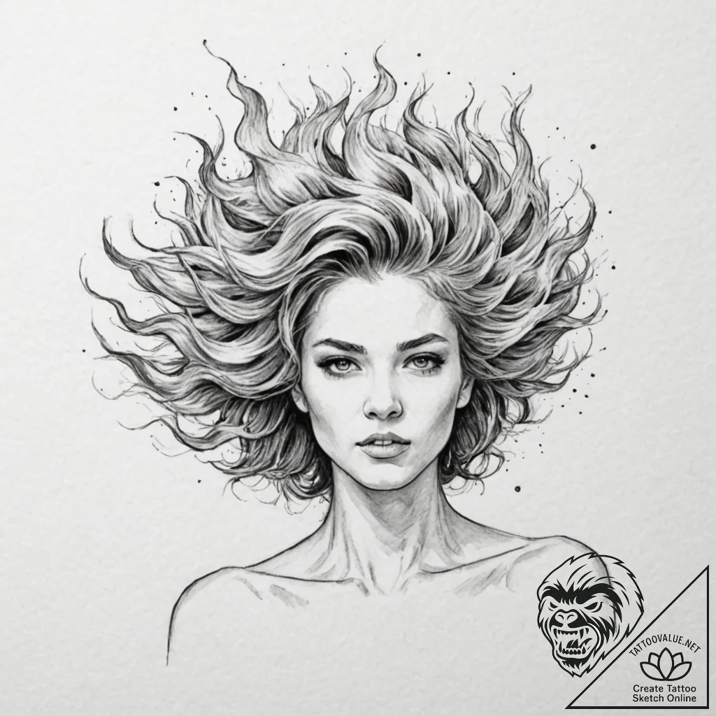 A woman whose hair is a fiery explosion - tattoo sketch (№1752113045_0, 10.07.2025 02:04) — tattoovalue.net