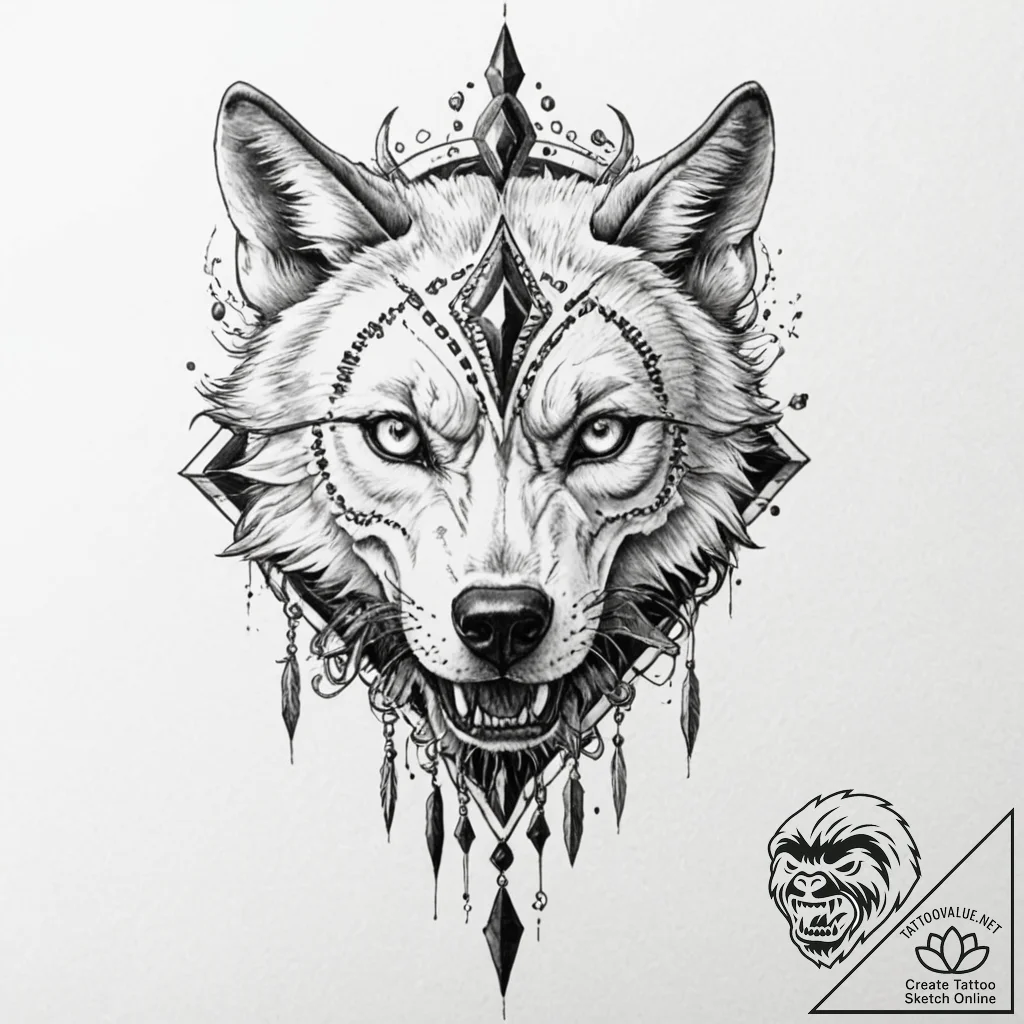 A wolf's skull, adorned with sharp, black cry... - tattoo sketch (№1752114556_0, 10.07.2025 02:29) — tattoovalue.net