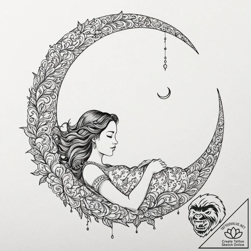 A girl sleeping on a crescent moon, concept a... - tattoo sketch (№1752114808_0, 10.07.2025 02:33) — tattoovalue.net