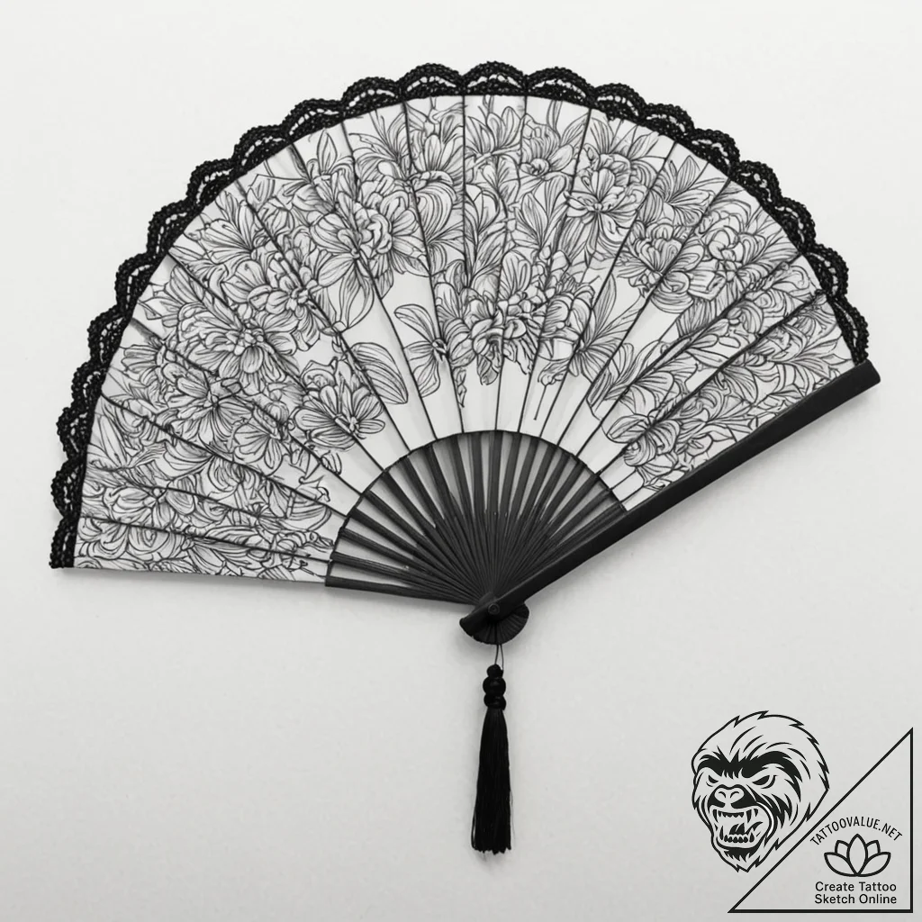 A beautiful, ornate hand fan, made of black l... - tattoo sketch (№1752115142_0, 10.07.2025 02:39) — tattoovalue.net