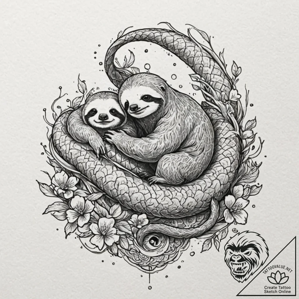 A beautiful, but lazy sloth, lounging on a pi... - tattoo sketch (№1752115225_0, 10.07.2025 02:40) — tattoovalue.net