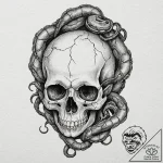 A human skull, with a serpent slithering thro… – tattoo sketch (№1752115392_0, 10.07.2025 02:43) — tattoovalue.net