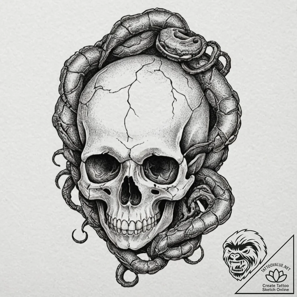 A human skull, with a serpent slithering thro... - tattoo sketch (№1752115392_0, 10.07.2025 02:43) — tattoovalue.net