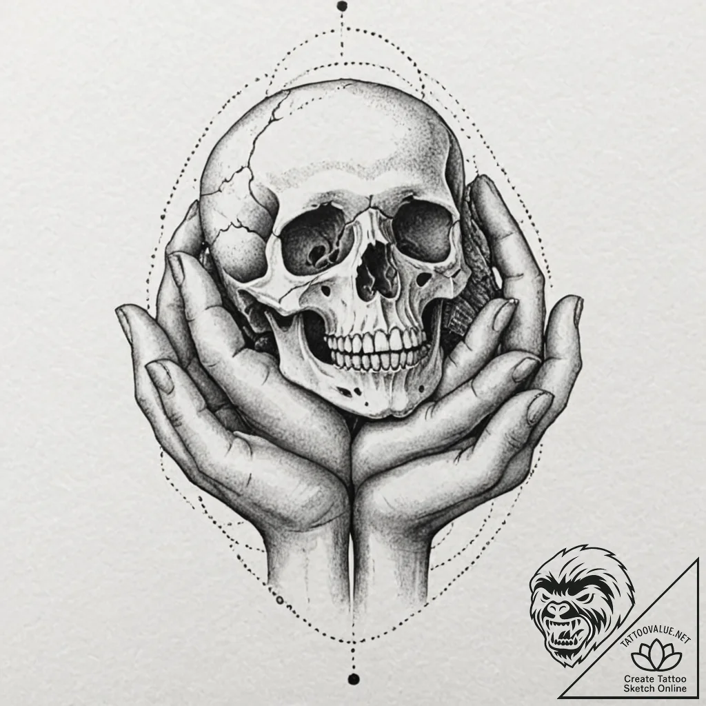 A human hand, crushing a skull, tattoo drawin... - tattoo sketch (№1752115562_0, 10.07.2025 02:46) — tattoovalue.net