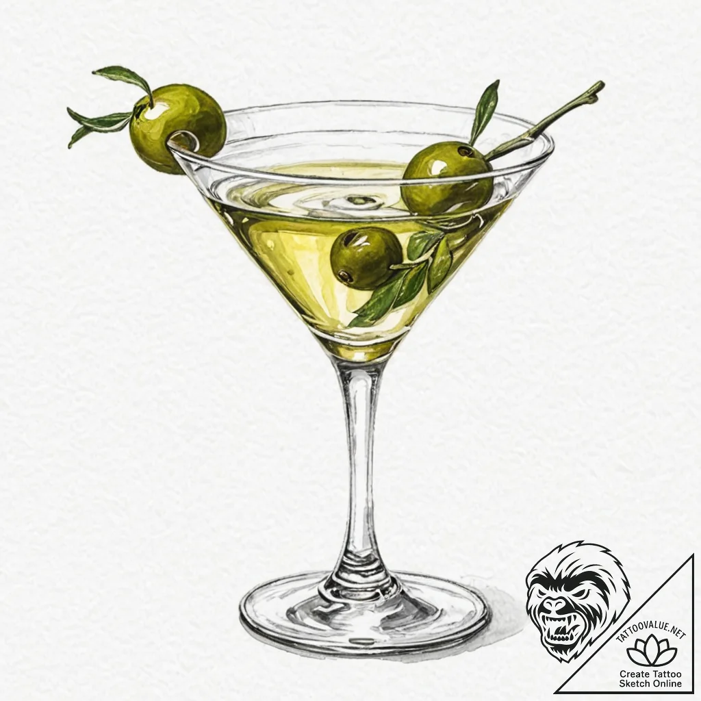 A single, perfect olive, in a martini glass - tattoo sketch (№1752116147_0, 10.07.2025 02:55) — tattoovalue.net