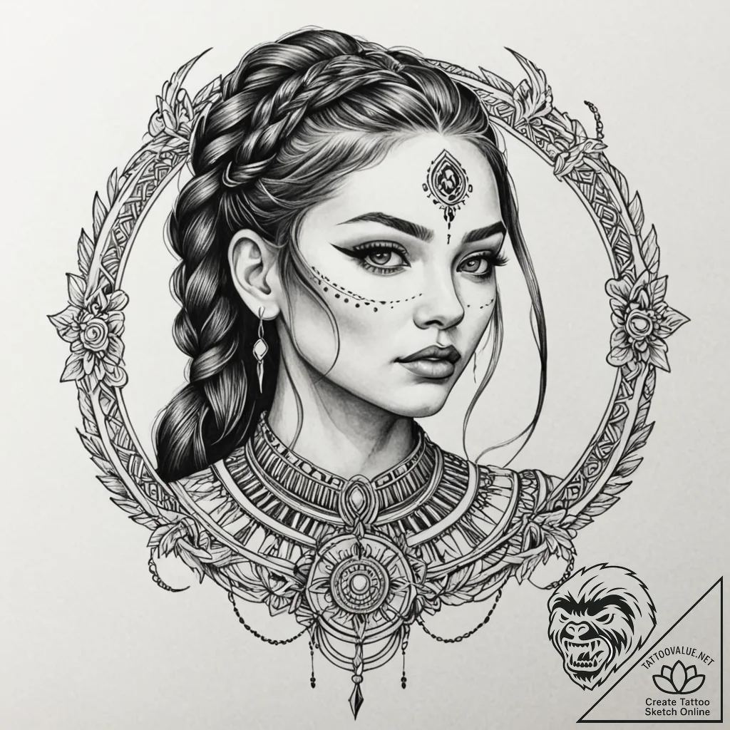 A warrior woman with tribal face paint, her h... - tattoo sketch (№1752116313_0, 10.07.2025 02:58) — tattoovalue.net