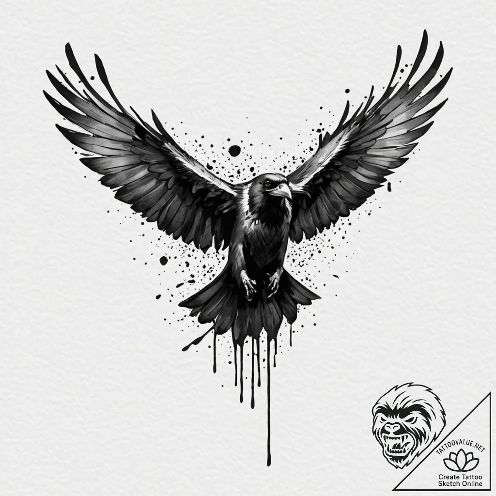 A beautiful, realistic raven, its wings are d... - tattoo sketch (№1752117482_0, 10.07.2025 03:18) — tattoovalue.net