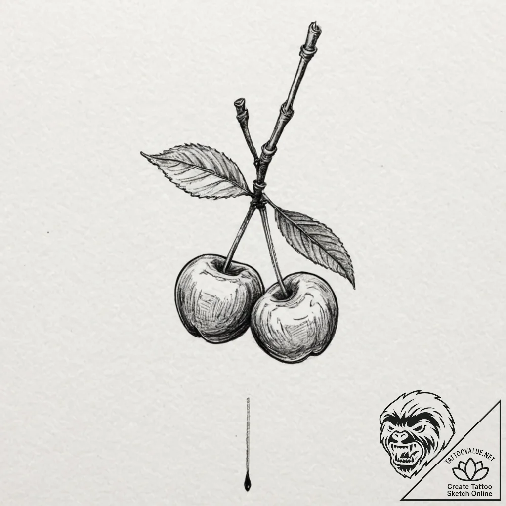 A single, perfect cherry, its stem is tied in... - tattoo sketch (№1752118140_0, 10.07.2025 03:29) — tattoovalue.net