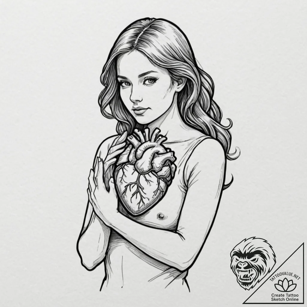 A woman holding a glowing, anatomical human h... - tattoo sketch (№1752118380_0, 10.07.2025 03:33) — tattoovalue.net