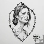A woman looking at her reflection in a shatte… – tattoo sketch (№1752118459_0, 10.07.2025 03:34) — tattoovalue.net