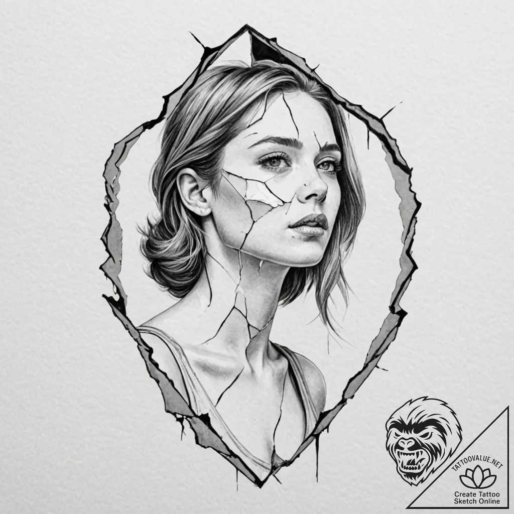 A woman looking at her reflection in a shatte... - tattoo sketch (№1752118459_0, 10.07.2025 03:34) — tattoovalue.net