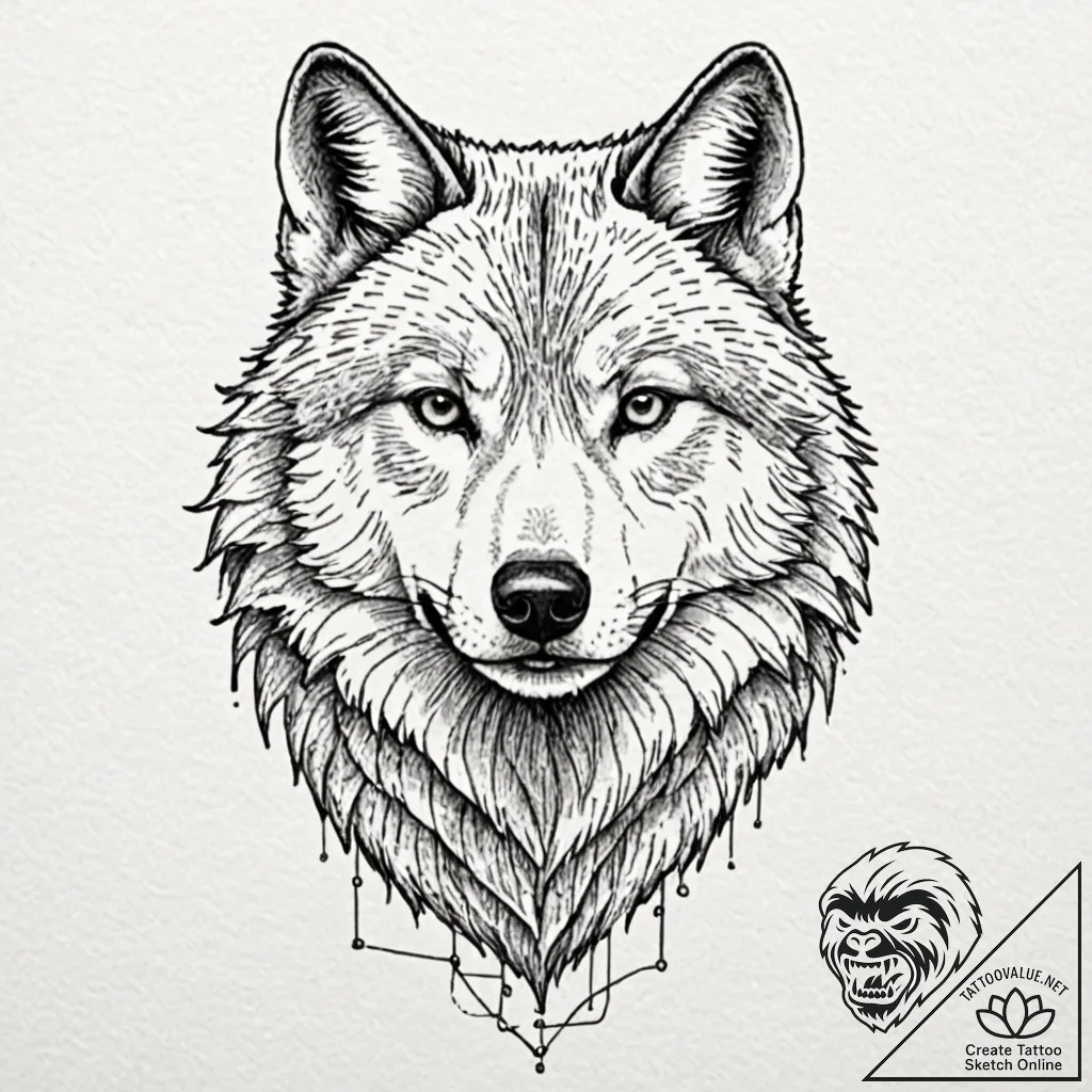 A powerful pack leader wolf, its gaze is conf... - tattoo sketch (№1752118860_0, 10.07.2025 03:41) — tattoovalue.net
