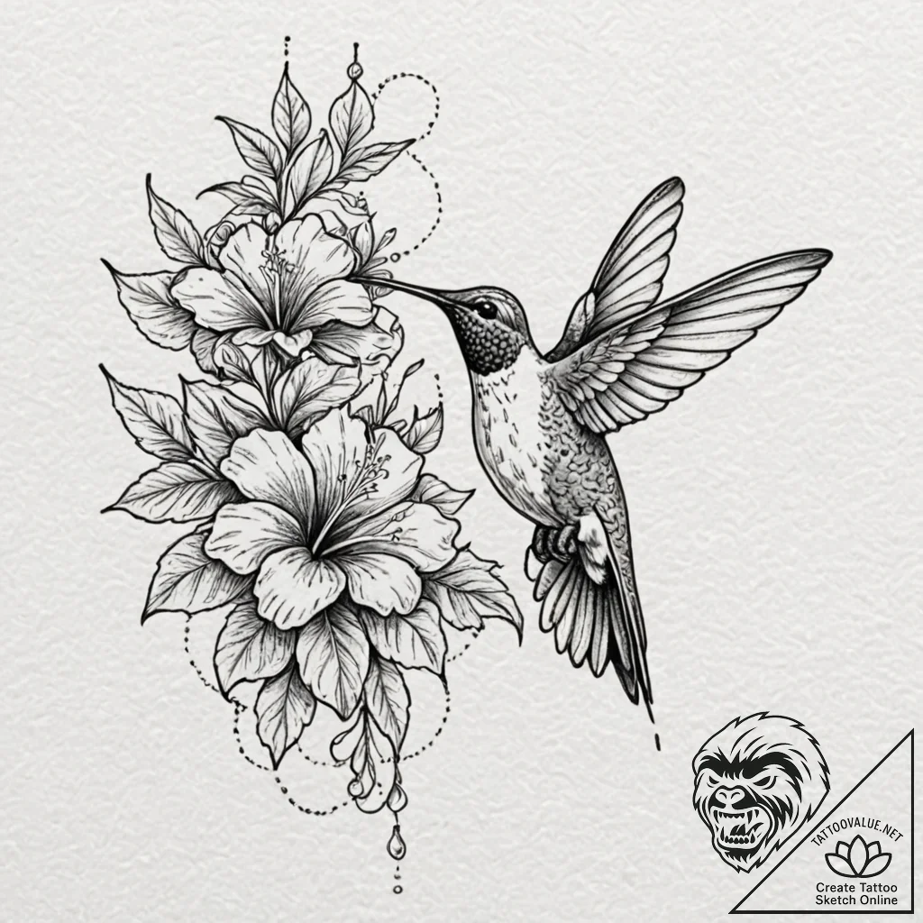 A beautiful hummingbird, drinking nectar from... - tattoo sketch (№1752119779_0, 10.07.2025 03:56) — tattoovalue.net