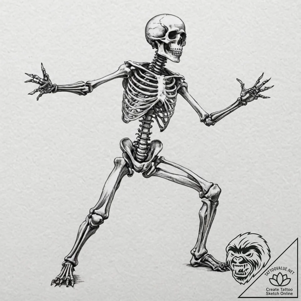 A human skeleton in a dynamic, aggressive fig... - tattoo sketch (№1752120196_0, 10.07.2025 04:03) — tattoovalue.net