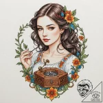 A girl holding a small, intricate music box,… – tattoo sketch (№1752120279_0, 10.07.2025 04:04) — tattoovalue.net