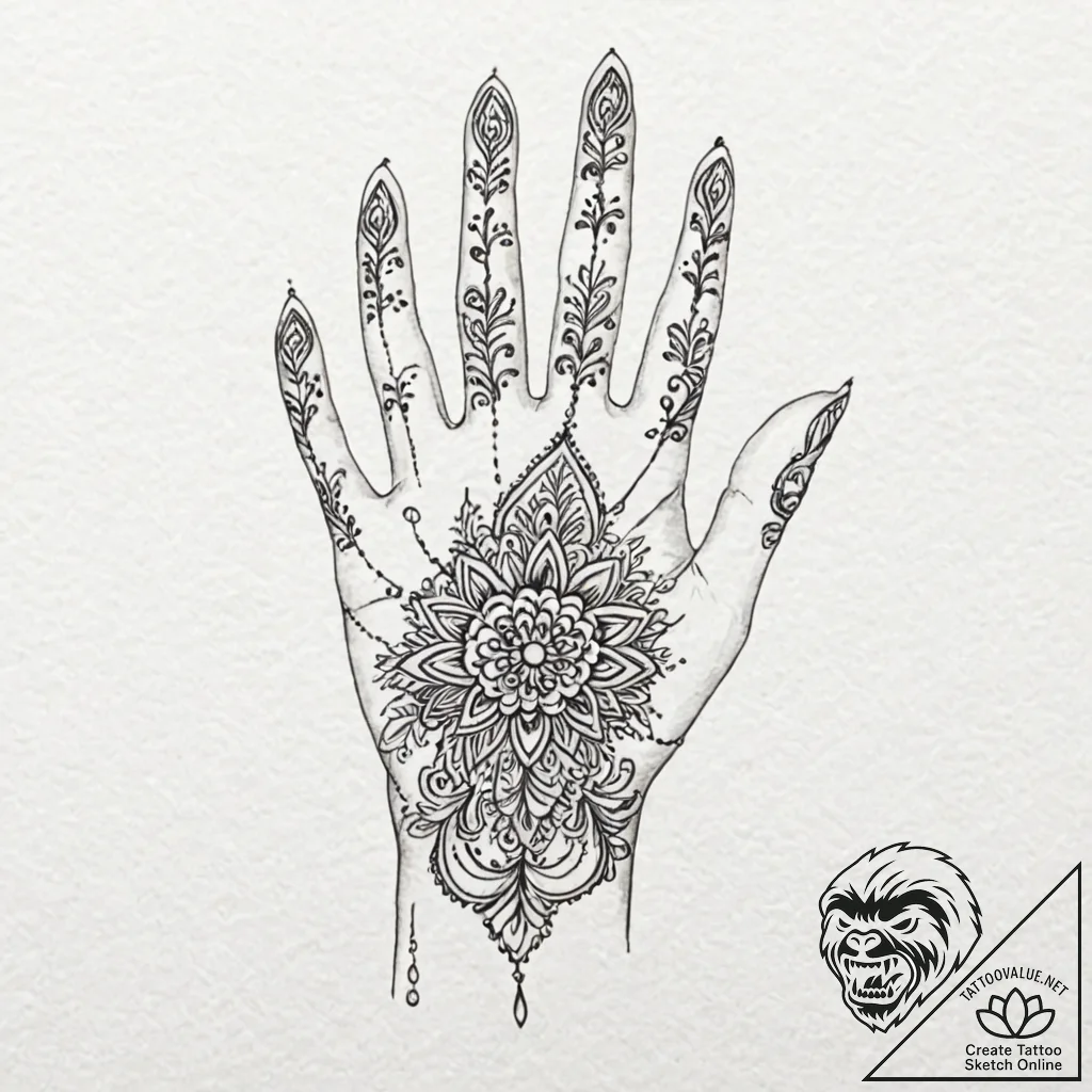 A beautiful, delicate henna-inspired pattern... - tattoo sketch (№1752120779_0, 10.07.2025 04:12) — tattoovalue.net