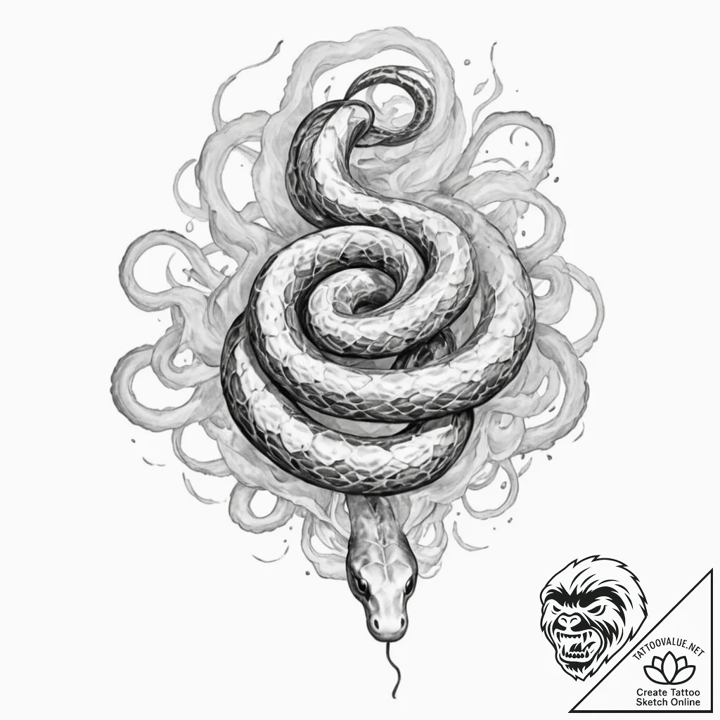 A snake, its body is made of swirling smoke - tattoo sketch (№1752121616_0, 10.07.2025 04:26) — tattoovalue.net