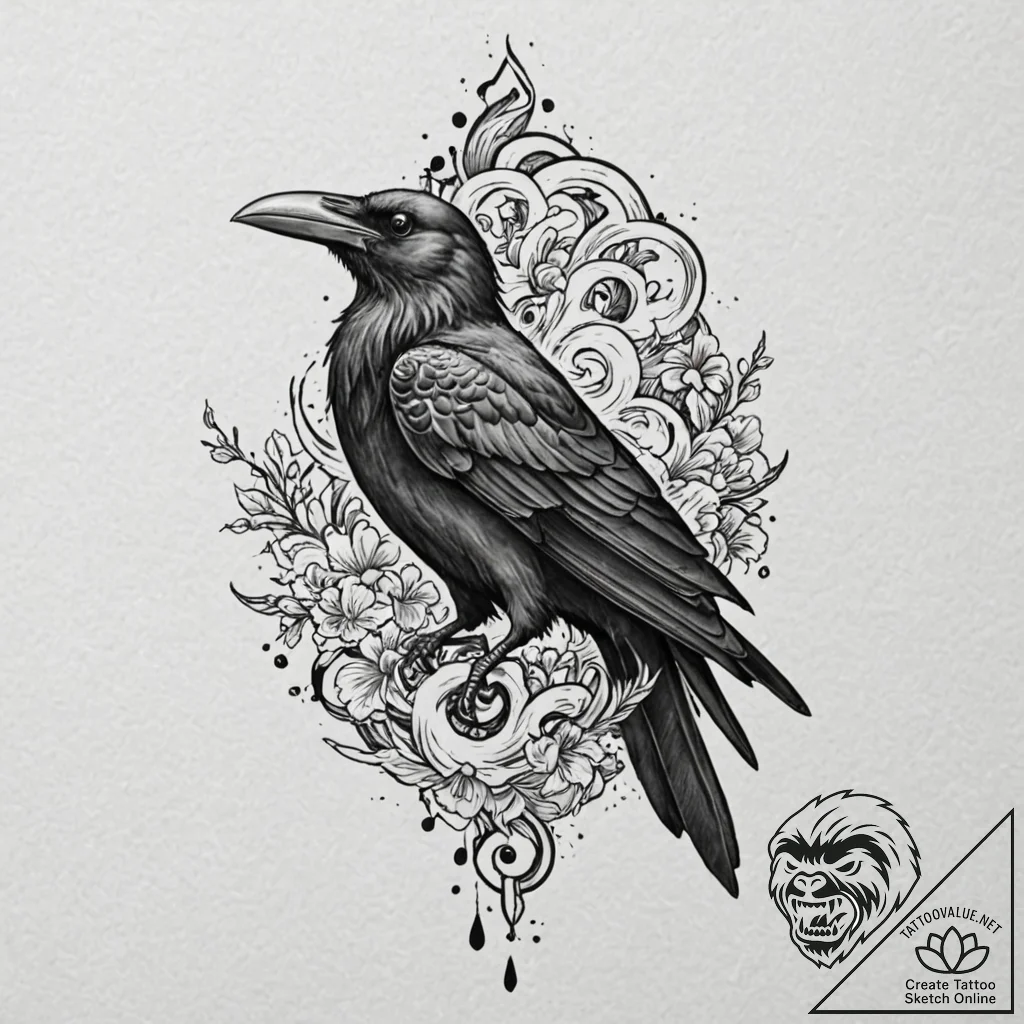 A realistic crow, with a key in its beak, aga... - tattoo sketch (№1752122033_0, 10.07.2025 04:33) — tattoovalue.net