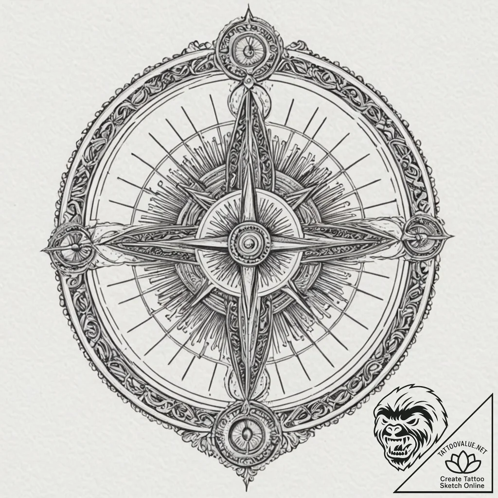 A beautiful, ornate sundial, its shadow point... - tattoo sketch (№1752122367_0, 10.07.2025 04:39) — tattoovalue.net