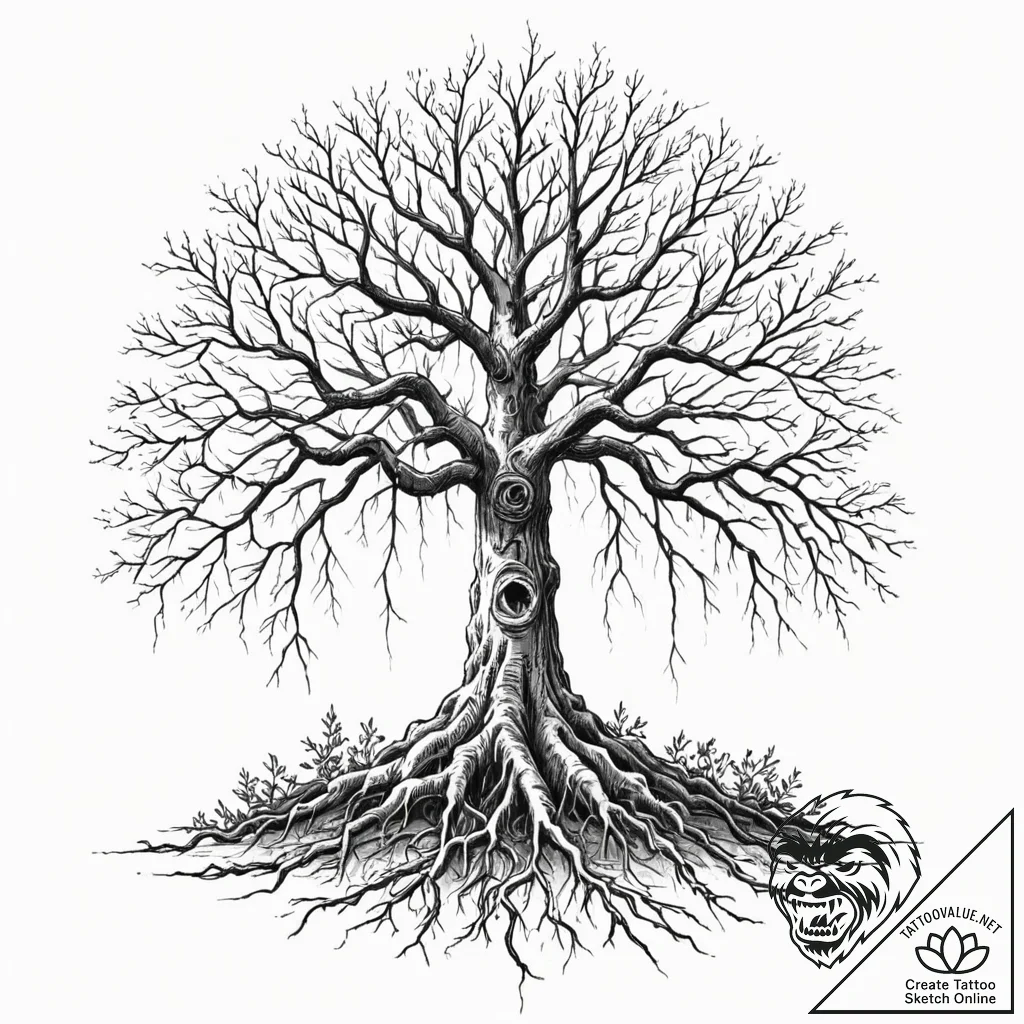 A single, strong tree, its roots are deep and... - tattoo sketch (№1752122450_0, 10.07.2025 04:40) — tattoovalue.net