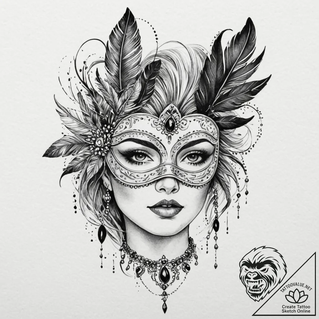A woman wearing a masquerade ball mask decora... - tattoo sketch (№1752122661_0, 10.07.2025 04:44) — tattoovalue.net