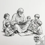 A beautiful, wise old storyteller, surrounded… – tattoo sketch (№1752122737_0, 10.07.2025 04:45) — tattoovalue.net