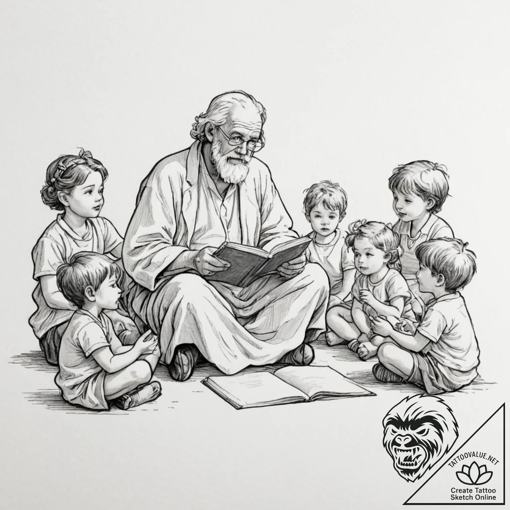 A beautiful, wise old storyteller, surrounded... - tattoo sketch (№1752122737_0, 10.07.2025 04:45) — tattoovalue.net