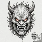 A snarling, demonic oni mask, a symbol of fie… – tattoo sketch (№1752124391_0, 10.07.2025 05:13) — tattoovalue.net