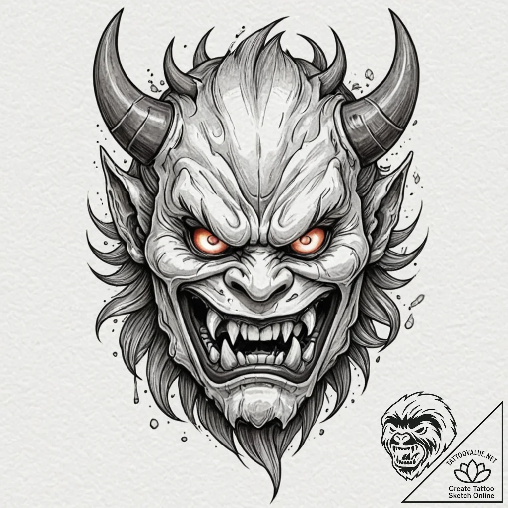 A snarling, demonic oni mask, a symbol of fie... - tattoo sketch (№1752124391_0, 10.07.2025 05:13) — tattoovalue.net
