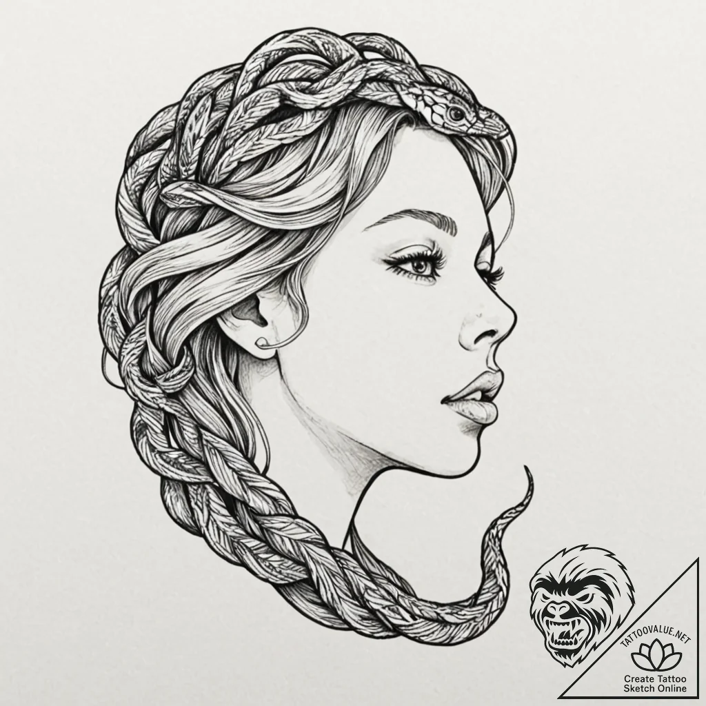 A woman's face, with a beautiful snake coilin... - tattoo sketch (№1752124640_0, 10.07.2025 05:17) — tattoovalue.net