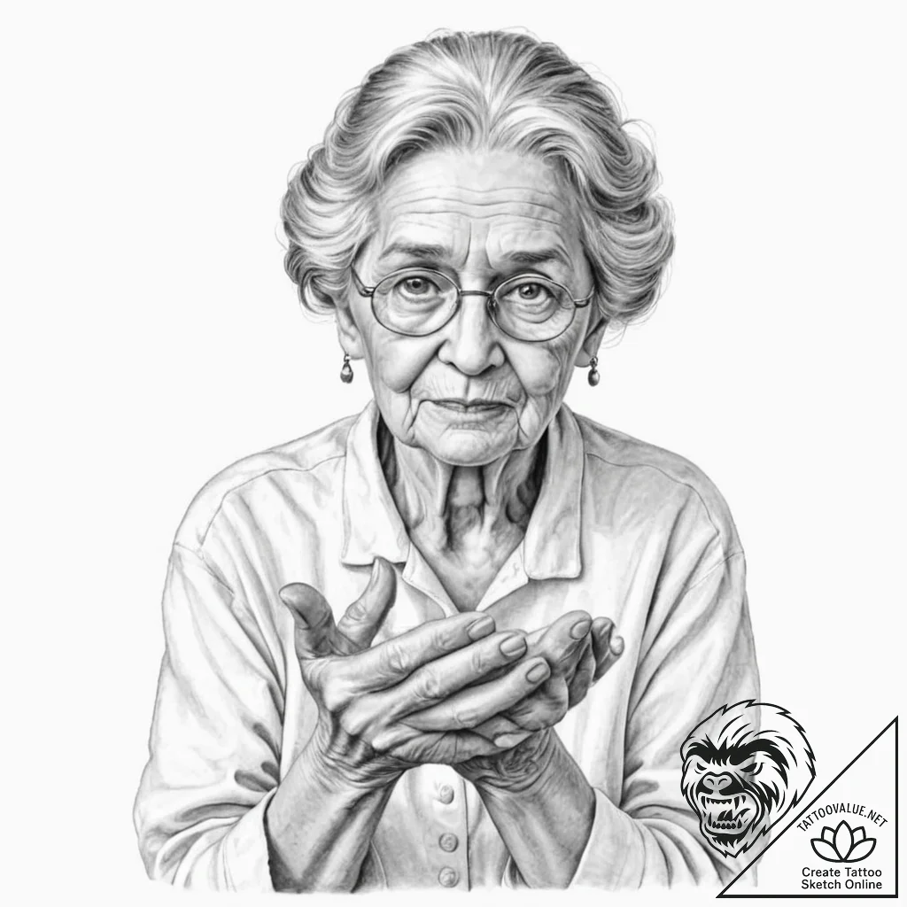 A beautiful, wise old grandmother, her hands... - tattoo sketch (№1752125141_0, 10.07.2025 05:25) — tattoovalue.net