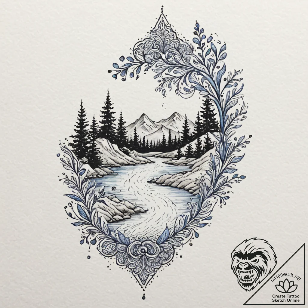 A running river, its water is a transparent b... - tattoo sketch (№1752125308_0, 10.07.2025 05:28) — tattoovalue.net