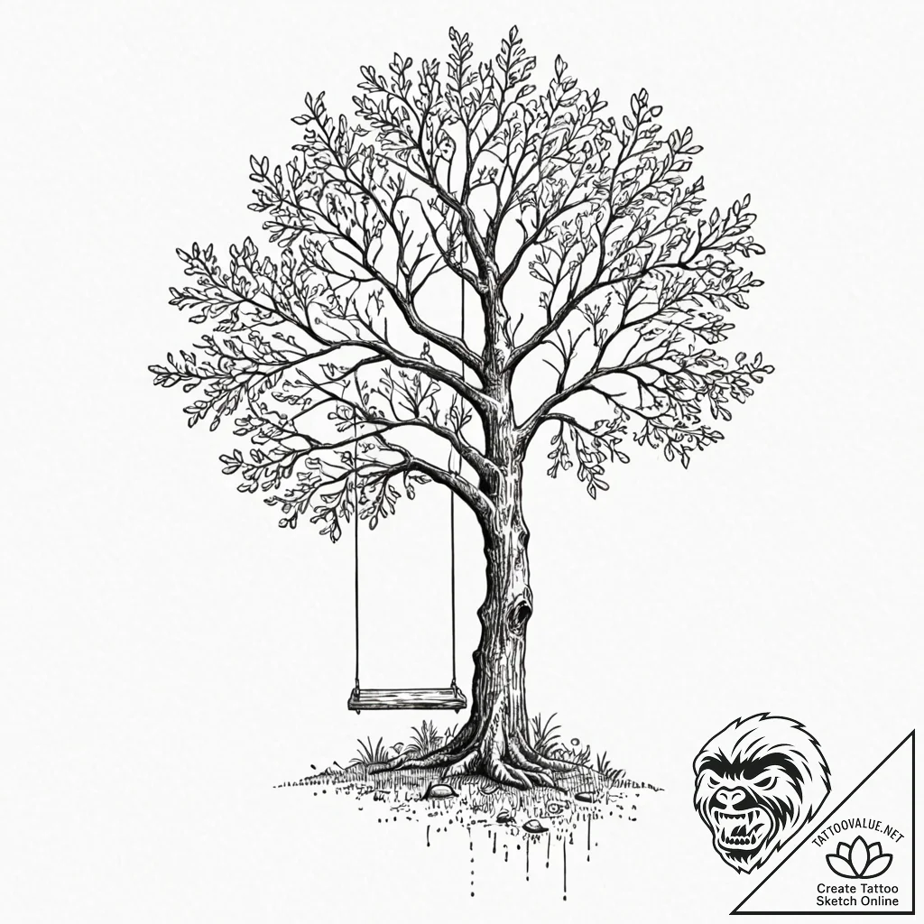 A beautiful, wise old tree, with a swing for... - tattoo sketch (№1752126068_0, 10.07.2025 05:41) — tattoovalue.net