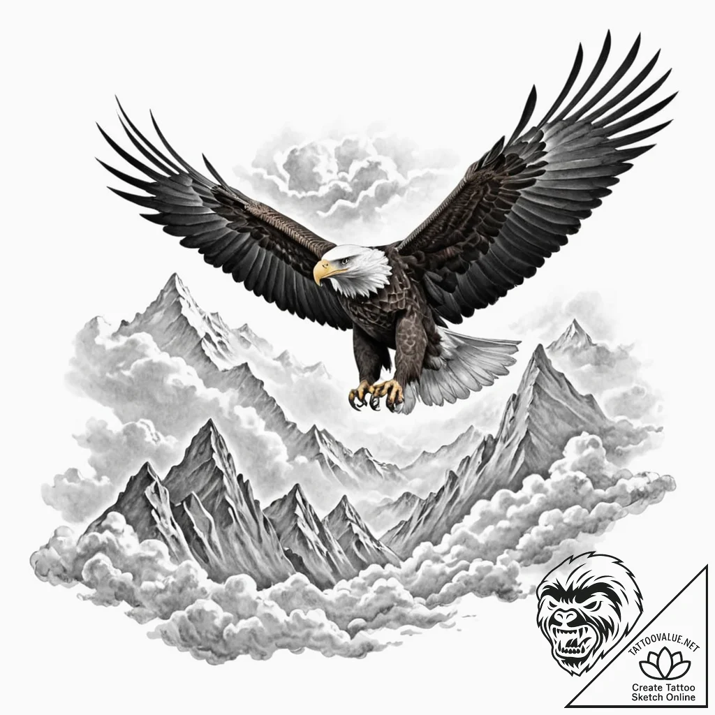 A powerful eagle, soaring high above the clou... - tattoo sketch (№1752127407_0, 10.07.2025 06:03) — tattoovalue.net