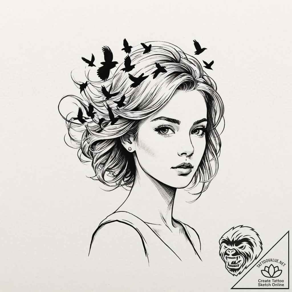 A girl whose hair is a flock of black birds t... - tattoo sketch (№1752127491_0, 10.07.2025 06:04) — tattoovalue.net