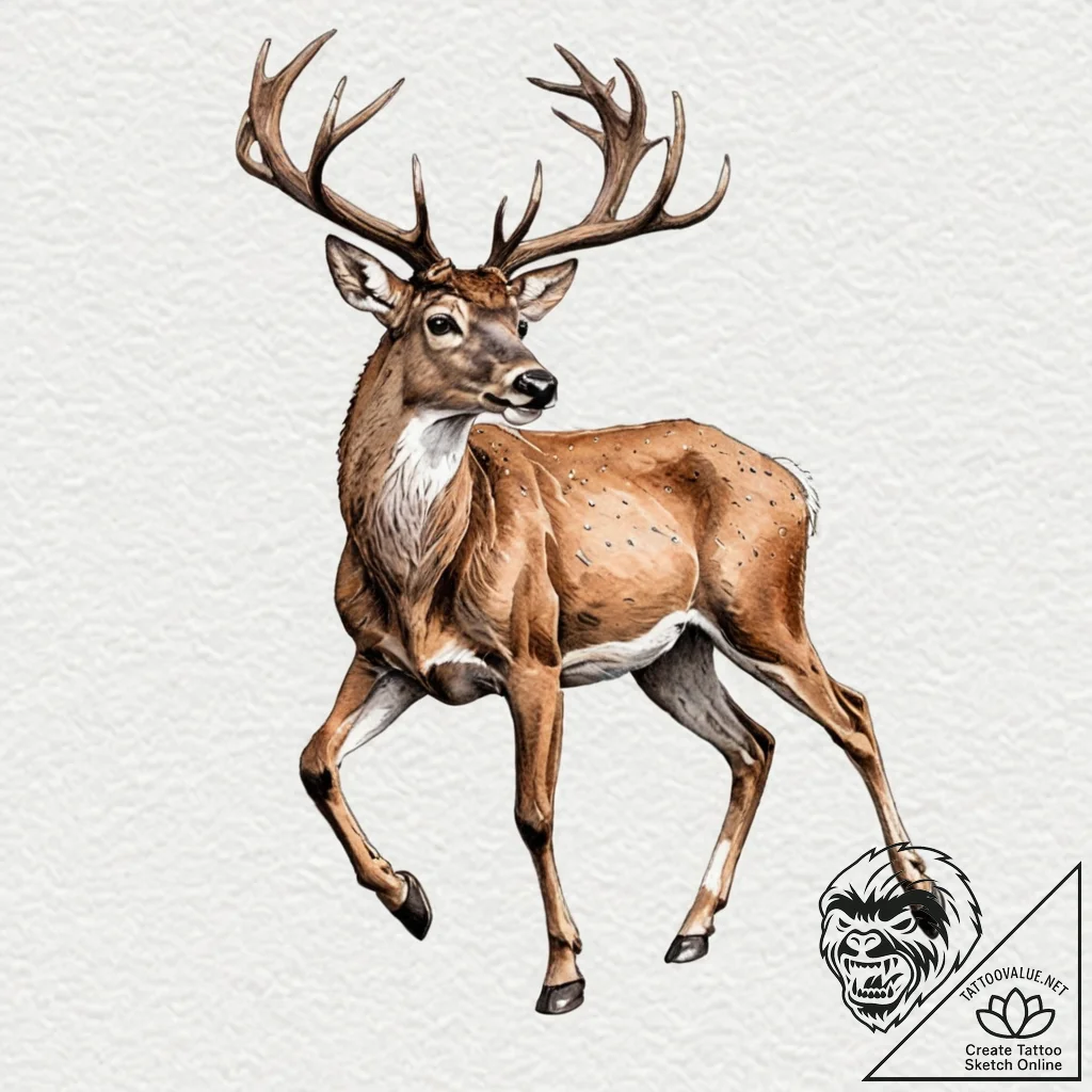 A running deer, its body is a soft, brown wat... - tattoo sketch (№1752127913_0, 10.07.2025 06:11) — tattoovalue.net