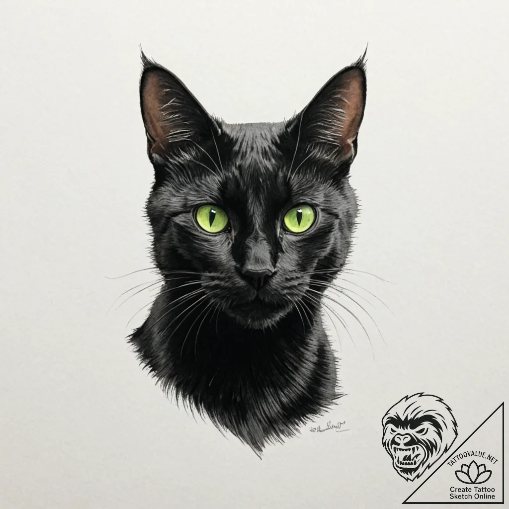 A beautiful black cat with glowing green eyes... - tattoo sketch (№1752127997_0, 10.07.2025 06:13) — tattoovalue.net