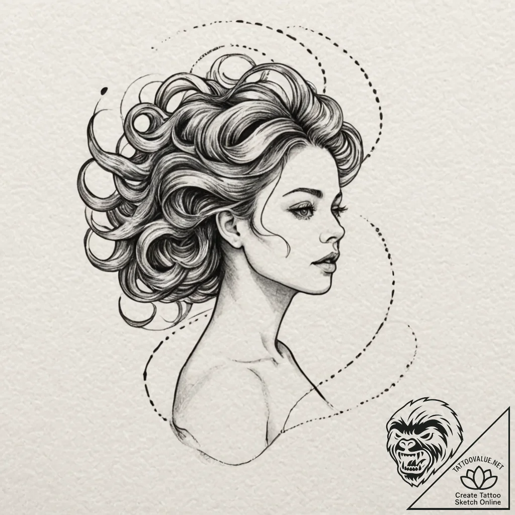 A girl whose hair is a swirling galaxy, tatto... - tattoo sketch (№1752128250_0, 10.07.2025 06:17) — tattoovalue.net