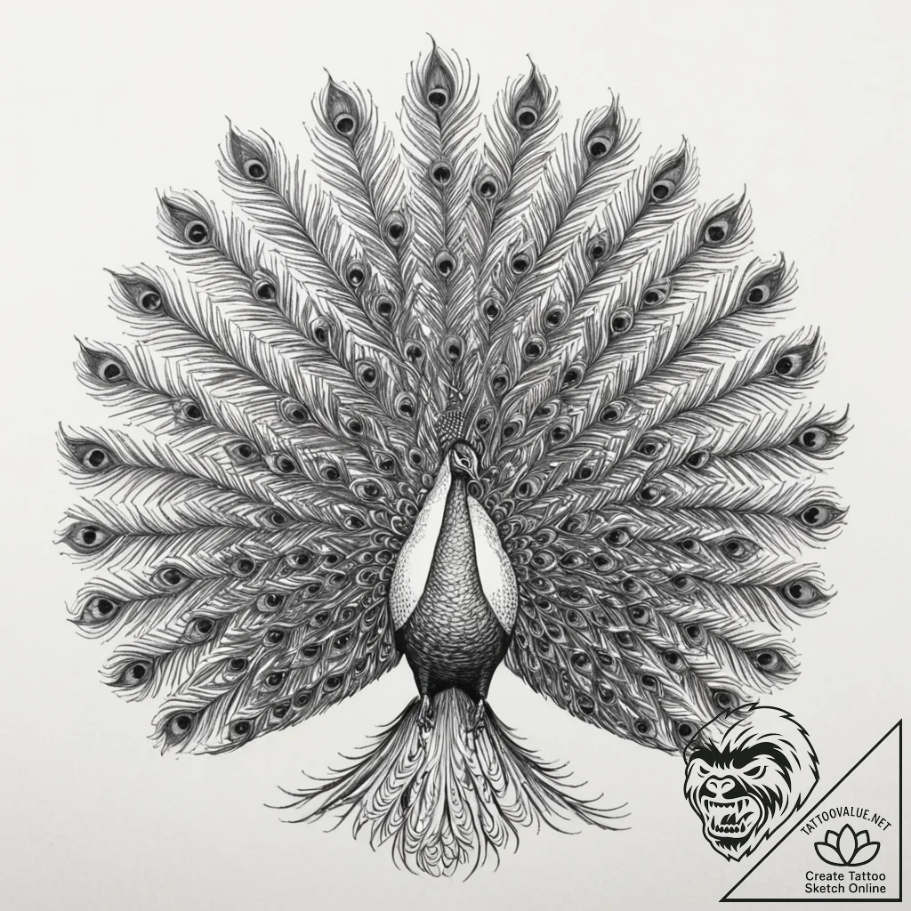 A beautiful peacock, its magnificent tail is... - tattoo sketch (№1752129084_0, 10.07.2025 06:31) — tattoovalue.net