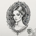 A beautiful woman with her hair made of peaco… – tattoo sketch (№1752129250_0, 10.07.2025 06:34) — tattoovalue.net
