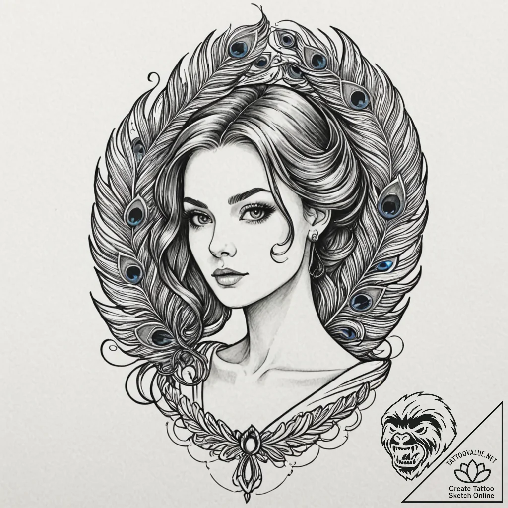 A beautiful woman with her hair made of peaco... - tattoo sketch (№1752129250_0, 10.07.2025 06:34) — tattoovalue.net