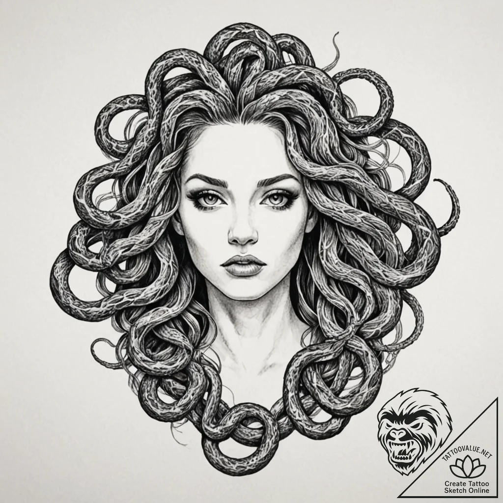 A beautiful woman with her hair made of snake... - tattoo sketch (№1752129753_0, 10.07.2025 06:42) — tattoovalue.net