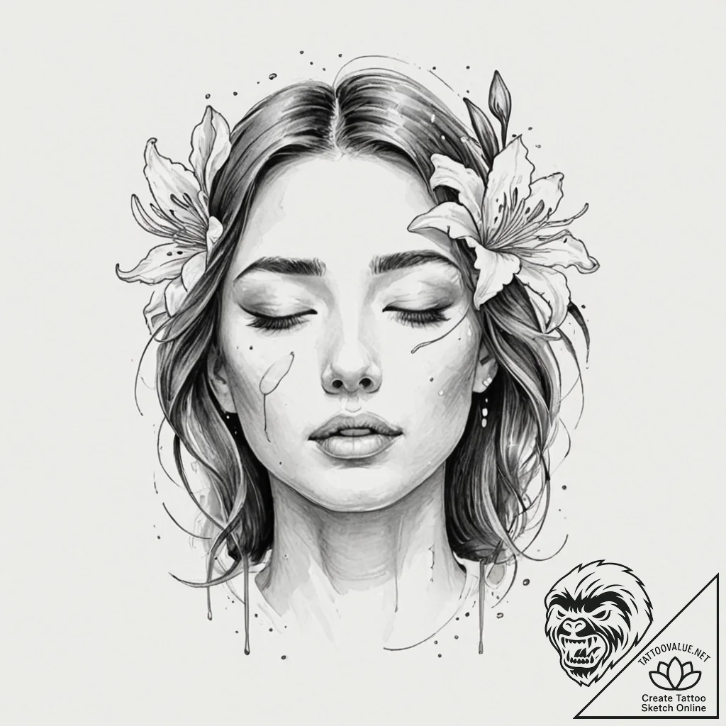 A woman with closed eyes, tears turning into... - tattoo sketch (№1752130180_0, 10.07.2025 06:49) — tattoovalue.net