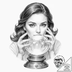 A woman looking into a crystal ball, her own… – tattoo sketch (№1752131105_0, 10.07.2025 07:05) — tattoovalue.net