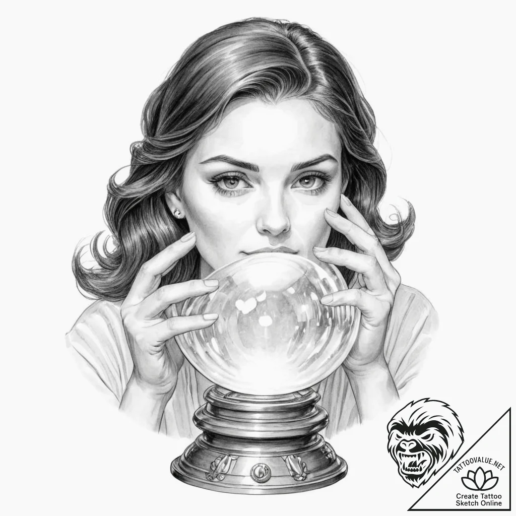 A woman looking into a crystal ball, her own... - tattoo sketch (№1752131105_0, 10.07.2025 07:05) — tattoovalue.net
