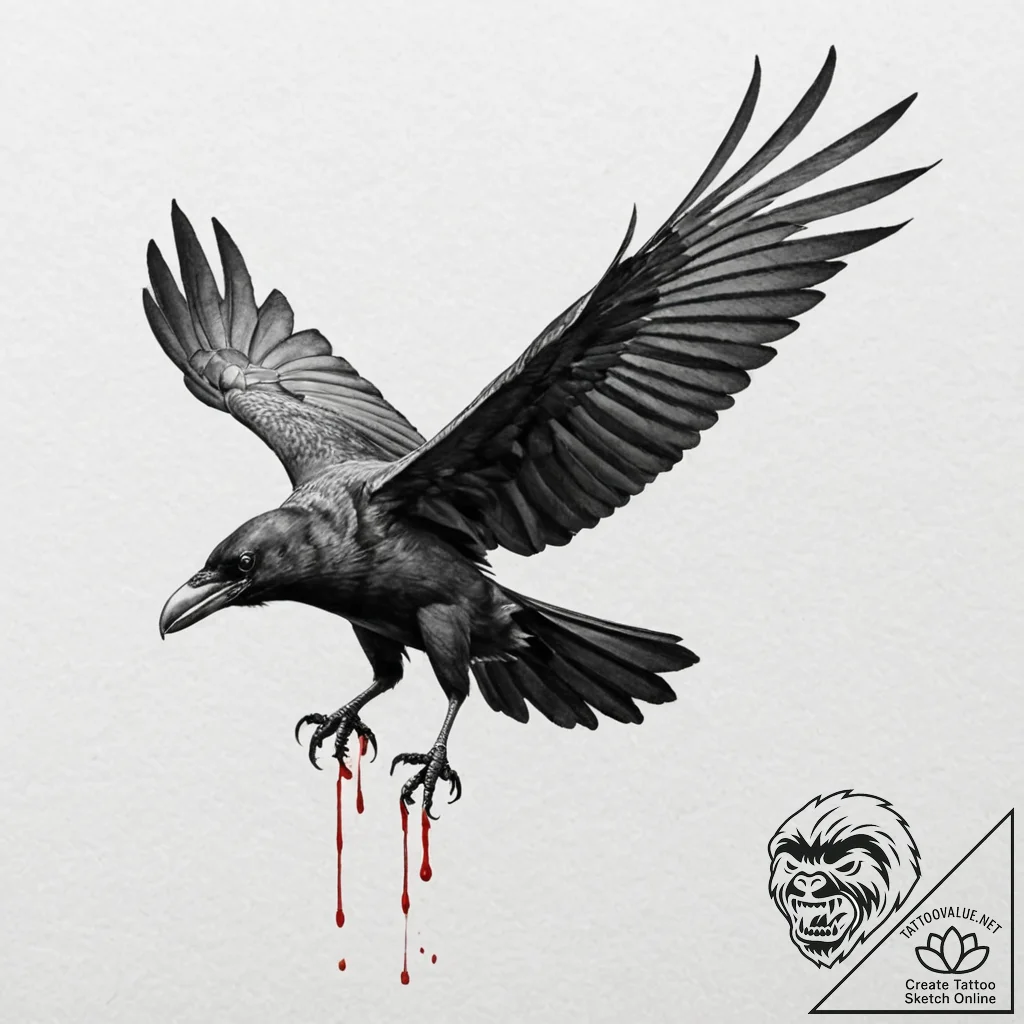 A realistic crow, its wings are spread wide,... - tattoo sketch (№1752131189_0, 10.07.2025 07:06) — tattoovalue.net