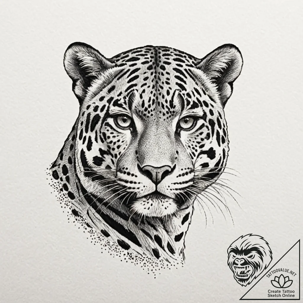 A powerful jaguar, its spots are smoldering e... - tattoo sketch (№1752131610_0, 10.07.2025 07:13) — tattoovalue.net