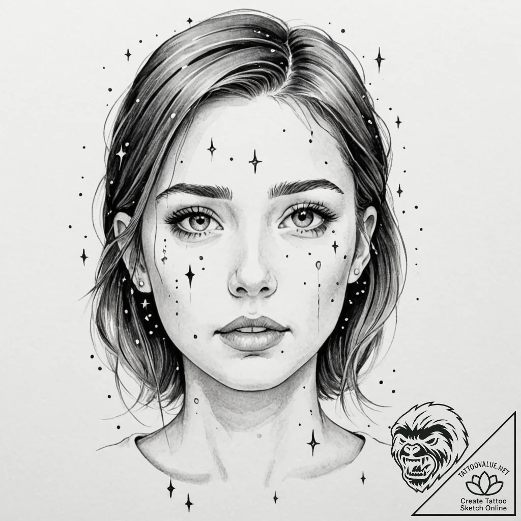 A girl whose tears are tiny, glowing stars - tattoo sketch (№1752132032_0, 10.07.2025 07:20) — tattoovalue.net